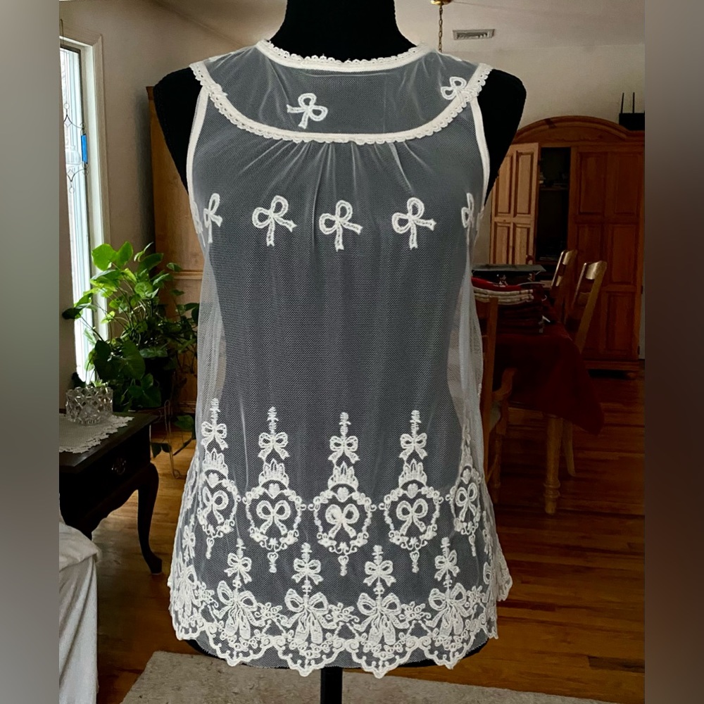 Monteau Cream White Sheer Bow Lace Tank Top Ballet Vintage - Picture 2 of 10
